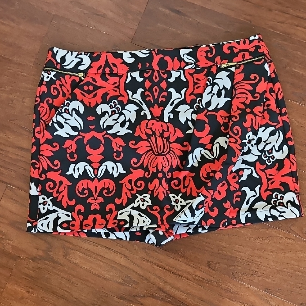 INC International Concepts Red and Black Skorts with Bold Floral Design